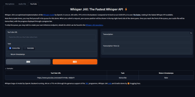 基于 Whisper API 的在线语音转文字工具「Whisper JAX 」，单文件 2 小时内可以免费使用